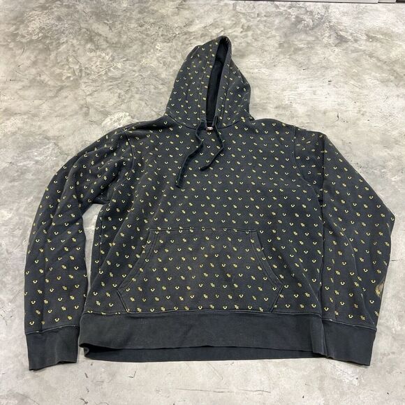 True Religion Mens Large Black Hoodie Sweater All Over Logo Print Pullover READ - Picture 1 of 7